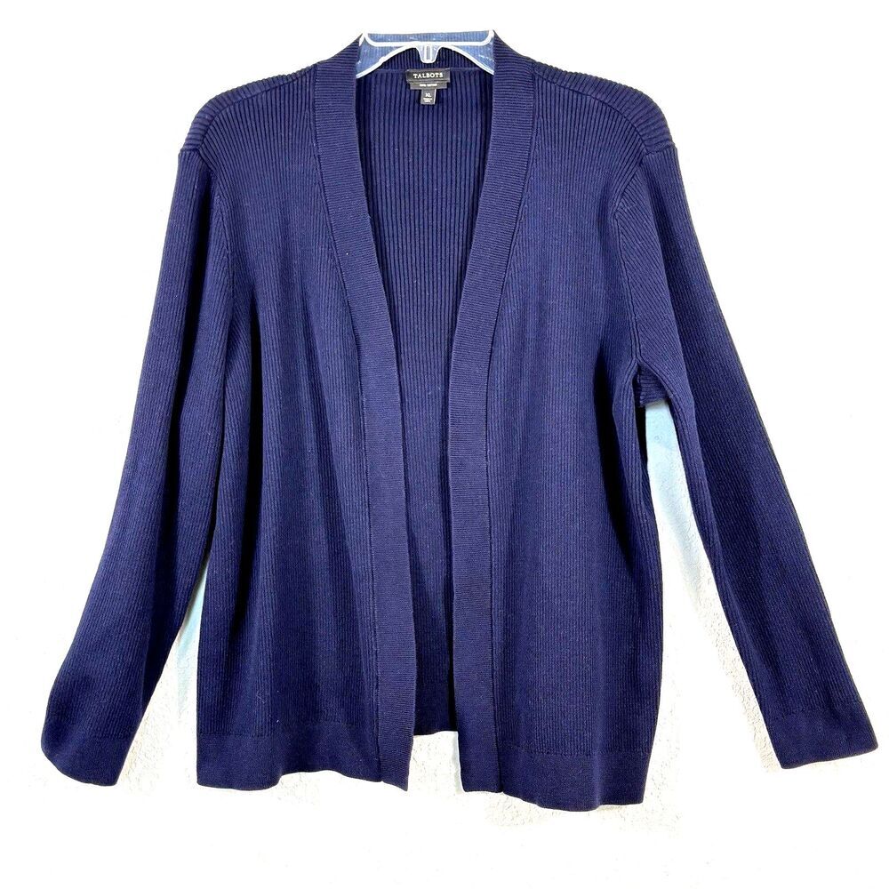 Talbots Womens XL Cardigan Sweater Navy 100% Pima Cotton Coastal Grandma Ribbed